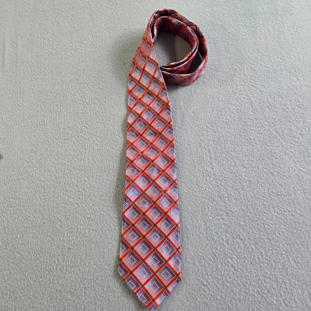 Dion Signature Necktie Mens OS Purple Red Geometric Diamond 100% Italian Silk